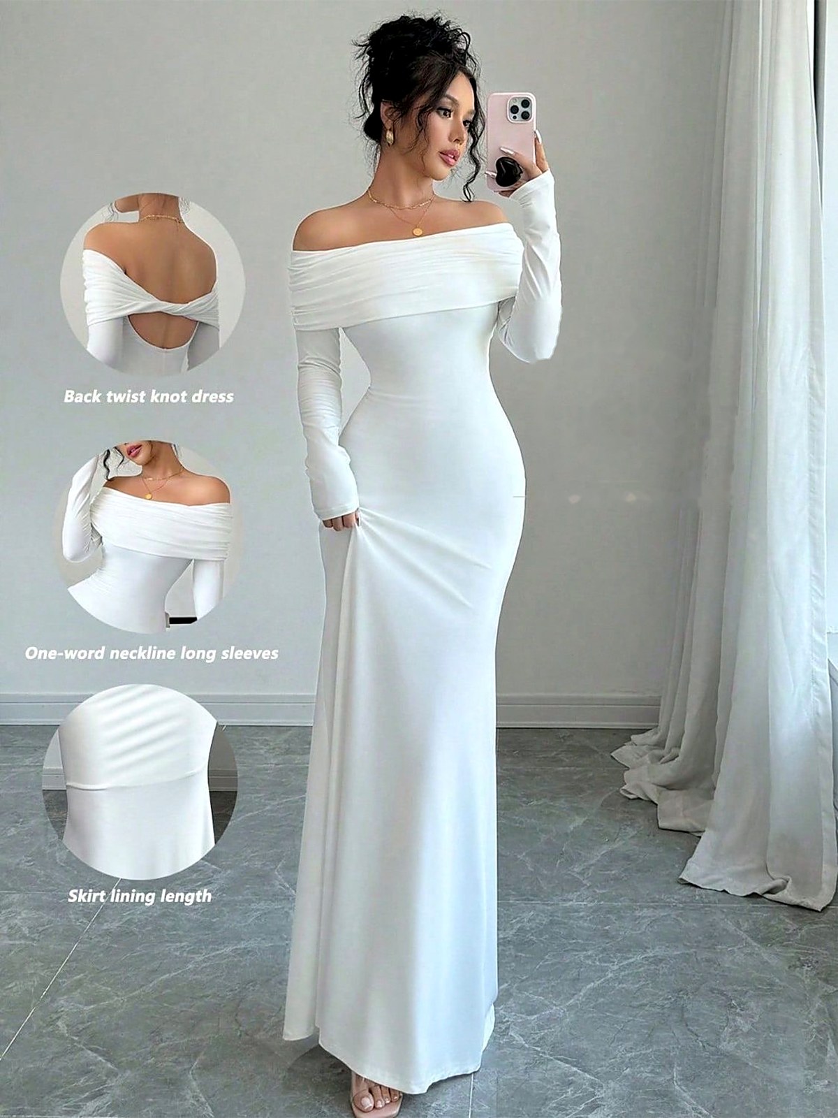 Robe longue blanche ajustée, épaules dénudées et manches longues, avec détails du dos torsadé et de l'encolure