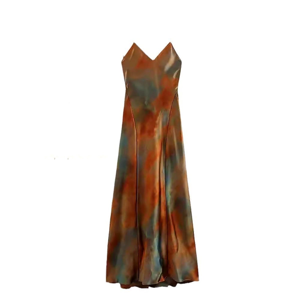 Robe longue satinée à fines bretelles, tons cuivre, vert et bleu, présentée à plat